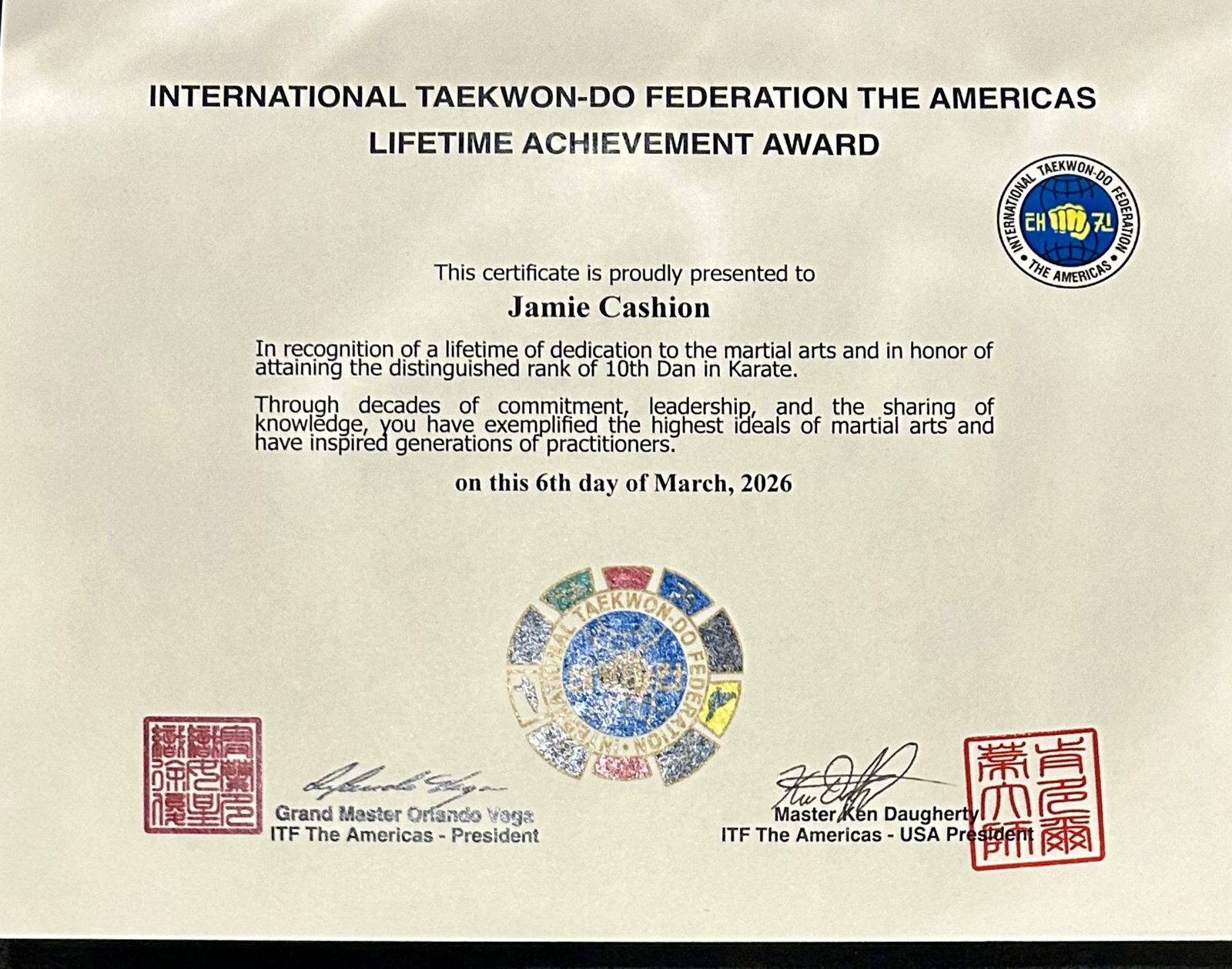 International Taekwon-Do Federation The Americas Lifetime Achievement Award