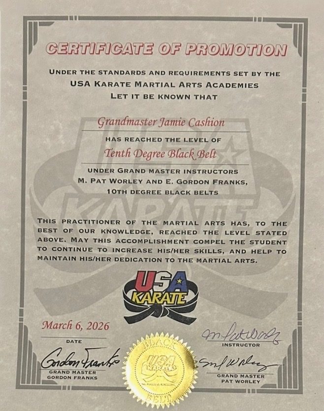 USA Karate Certificate of Promotion, Tenth Degree Black Belt