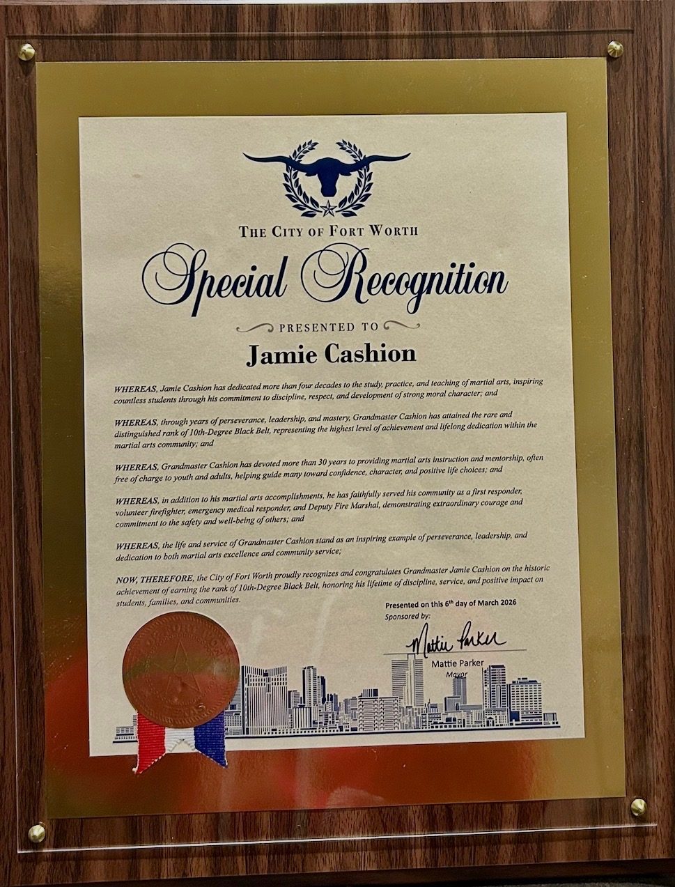 City of Fort Worth Special Recognition presented to Jamie Cashion by Mayor Mattie Parker