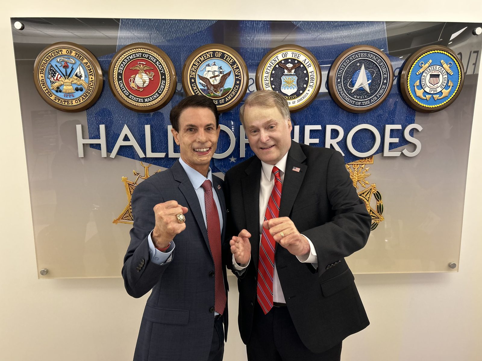 Jamie Cashion with Assistant Secretary of War Brian Birdwell at the Pentagon Hall of Heroes