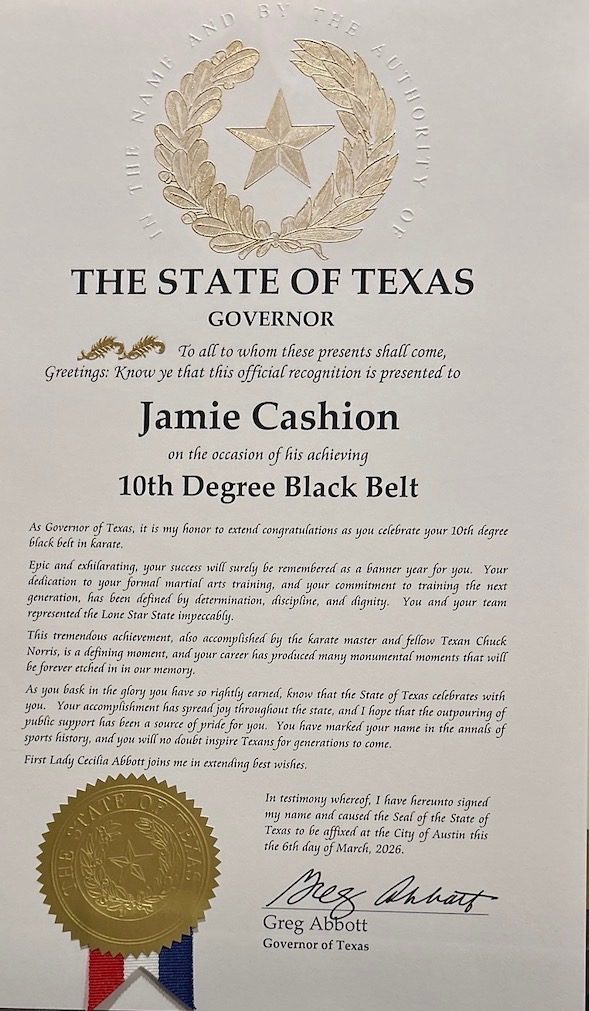 State of Texas Governor Greg Abbott official recognition for Jamie Cashion