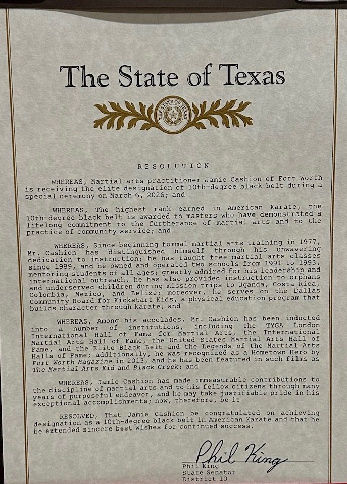 State of Texas resolution by State Senator Phil King honoring Jamie Cashion